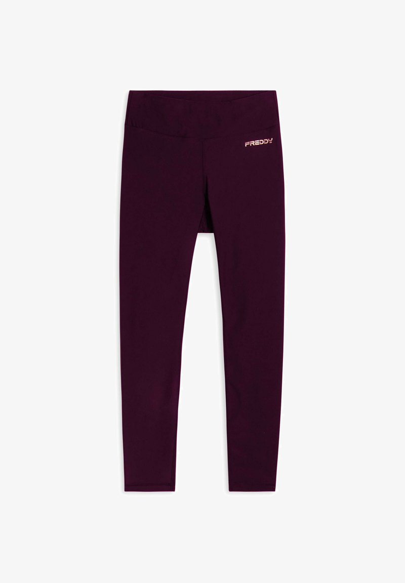 Leggings viola realizzati in tessuto elasticizzato, con un'alta vita e un piccolo logo "FREDDY" in oro metallico sul lato sinistro superiore.