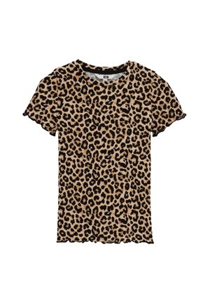 T-shirt imprimé léopard avec un col rond, des manches courtes et des bords festonnés. Confectionné en tissu doux aux couleurs beige, marron et noir.
