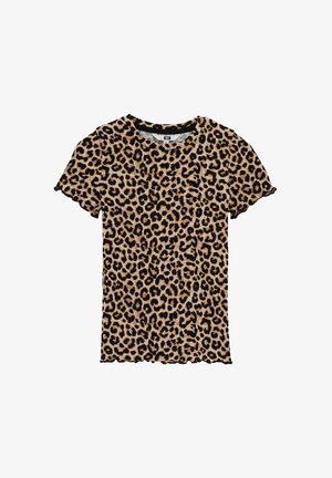 Maglietta con stampa leopardata, collo rotondo, maniche corte e bordi smerlati. Realizzata in tessuto morbido nei colori beige, marrone e nero.