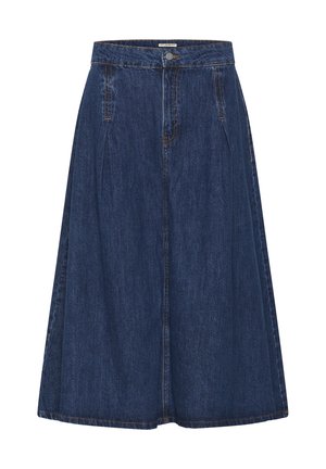 Tumši zila džinsa svārki ar platu, zvanveida dizainu. Ar augstu vidukli, priekšējām kabatām un kontrastējošām šuvju detaļām.