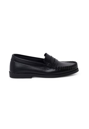 Mocassins en cuir noir avec un design cousu, style à enfiler, semelle plate en caoutchouc et bout rond classique. Fini minimaliste et lisse.