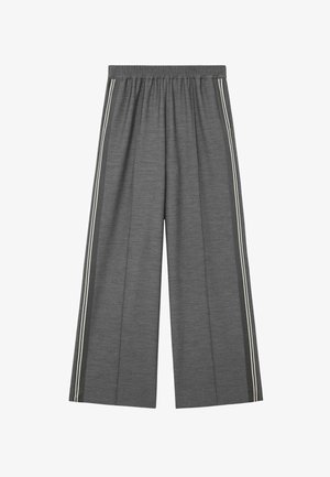 Hallid laiade säärtega püksid mugava elastse vöökohaga, millel on kontrastsed valged küljeribad ja pehme, tekstuuriga kangas.