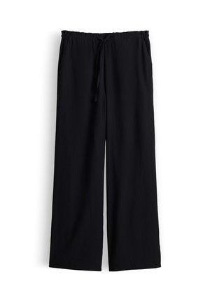 Pantalon noir à jambes larges avec taille élastique et cordon, en tissu texturé, présenté à plat sur fond blanc.