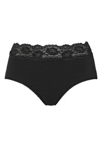 Schwarze Baumwoll-Damenunterhosen mit Spitzenbesatz an der Taille, verziert mit floralen Mustern. Glattes Material mit elastischen Kanten für hohen Tragekomfort.