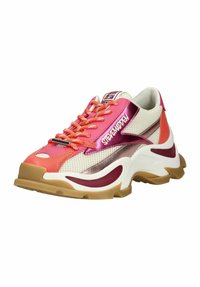 Chunky sneakers with mesh and synthetic upper in pink and orange, featuring rounded toe, textured soles, and logo detail on the side.