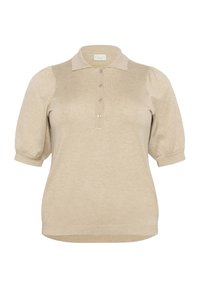 Beige gebreide polo met een kraag, korte pofmouwen en een knoopsluiting. Zachte textuur en een relaxte pasvorm.