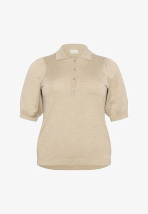 Bež pletena polo majica s obročastim izrezom, kratkimi naborkastimi rokavi in gumbu. Mehka tekstura in sproščen kroj.