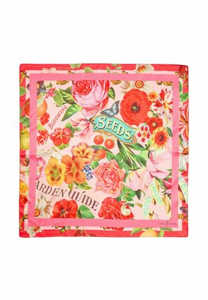 Štvorcový hodvábny šál s živými kvetinovými vzormi, motýľmi a vintage textom zo semenných vrecúšok v ružových, červených, oranžových a zelených odtieňoch.