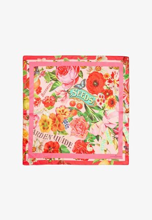 Square silk scarf with vibrant floral patterns, butterflies, and vintage seed packet text in pink, red, orange, and green hues.