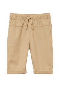 Beige shorts van lichtgewicht stof, met een elastische tailleband en een trekkoord, en opgerolde boorden. Glad textuur met minimale stiksels.