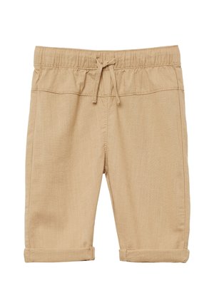 Beige Shorts aus leichtem Stoff, mit einem elastischen Bund und einem Kordelzug sowie umgeschlagenen Bündchen. Glatte Textur mit minimaler Naht.