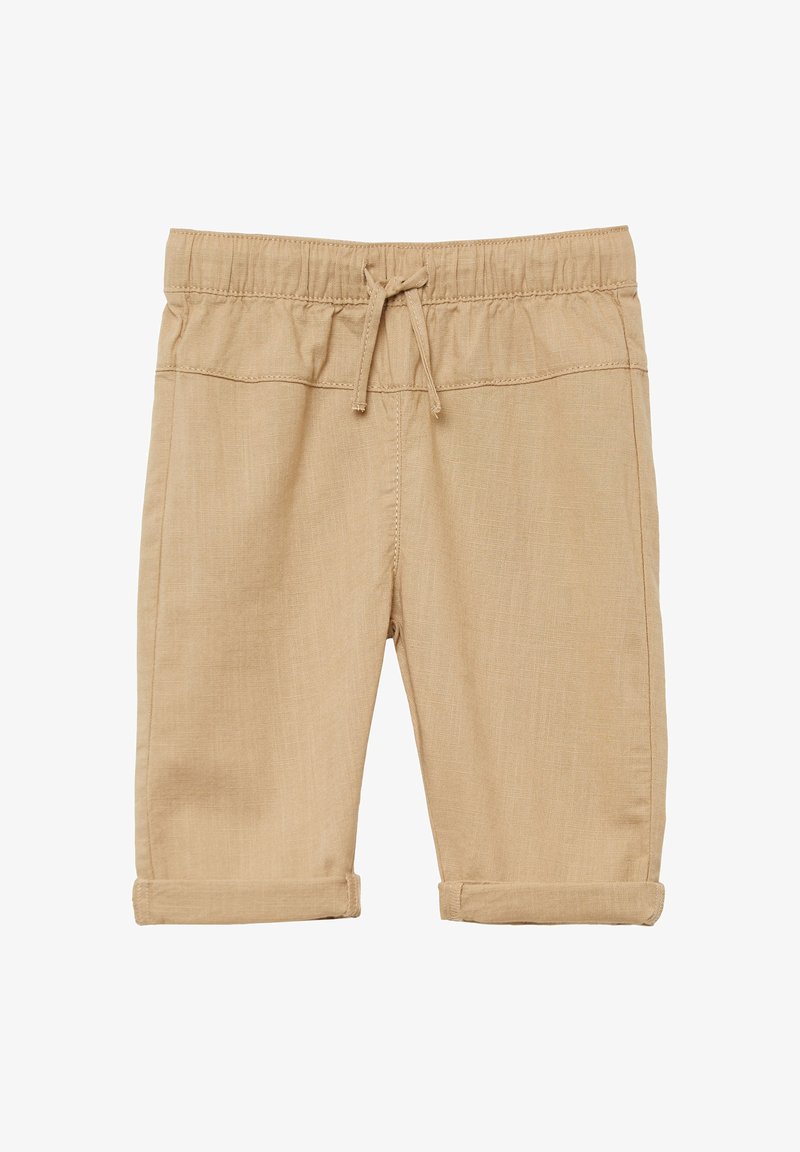 Beige shorts van lichtgewicht stof, met een elastische tailleband en een trekkoord, en opgerolde boorden. Glad textuur met minimale stiksels.