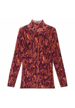 Maglia a maniche lunghe con collo alto, decorata con un motivo floreale nelle tonalità di viola, arancione e rosa. La texture sembra morbida con un design aderente.