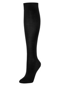 Schwarze kniehohe Socke aus glattem, dehnbarem Stoff. Verfügt über einen gerippten Bund und eine nahtlose Spitze, die eine formschlüssige Passform bietet.