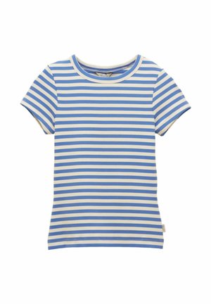 Kurzärmeliges T-Shirt mit blau-weiß gestreiften horizontalen Streifen, rundem Ausschnitt und Etikett an der Seitennaht.