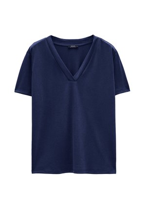 Granatowa koszulka z dekoltem w serek, wykonana z miękkiej bawełny. Krótkie rękawy i luźny krój, z prostymi brzegami i bez wzorów czy akcentów.