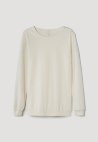 Svetr s dlouhým rukávem v krémové barvě, s kulatým výstřihem, elastickými manžetami a spodním lemem. Hladká tkanina z bavlněné směsi s minimálním designem.