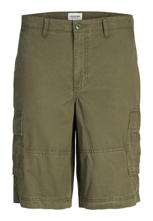 Dreng iført en beige kortærmet skjorte med blomsterprint, olivengrønne cargoshorts, hvide sokker og sorte-hvide sneakers.
