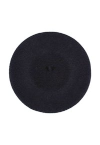 Beret negru din fetru cu o formă rotundă, având o indentare centrală și o textură netedă. Fără decorațiuni sau modele vizibile.