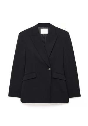 Blazer noir ajusté avec revers crantés, fermeture à un bouton, deux poches avant et silhouette structurée, confectionné dans un tissu lisse.