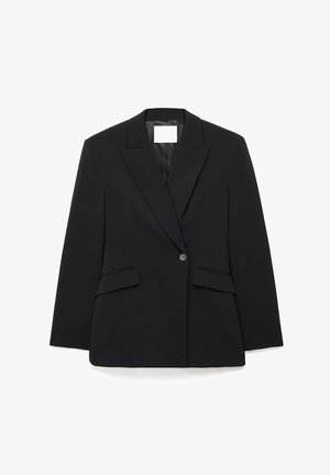 Črni krojeni blazer z izrezanimi ovratniki, en gumb za zapiranje, dvema sprednjima žepoma in strukturirano silhueto iz gladkega blaga.
