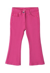 Roze uitlopende denim broek met een knoopsluiting, steekzakken aan de voorkant en riemlussen. Glad van structuur met een consistente kleur door het geheel.