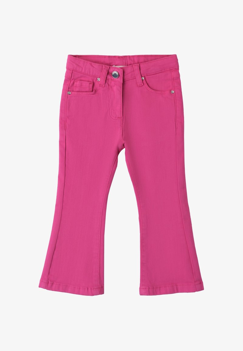 Różowe dżinsowe spodnie w kształcie dzwonów z zapięciem na guzik, kieszeniami z przodu i pętlami na pasek. Gładka tekstura o jednolitym kolorze.