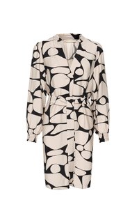 Short-sleeve, wrap dress in a soft beige fabric with an abstract black pattern. Features a belted waist and gathered cuffs for added detail.