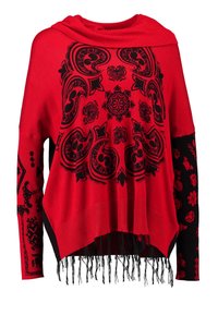 Rode oversized trui met zwarte, sierlijke patronen, een colkraag en een gefranjerde zoom. Heeft gestructureerde mouwen en een ontwerp met een ontspannen pasvorm.
