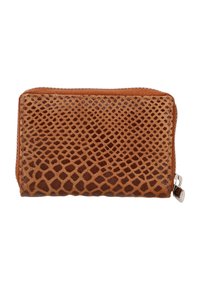 Brown leather wallet with a textured reptile pattern, zip closure, and silver hardware accents. Features a rectangular shape with soft edges.