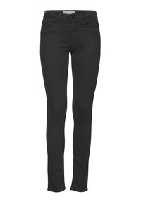 Jean noir slim avec bouton frontal, fermeture éclair et design à cinq poches, présenté sur fond blanc.