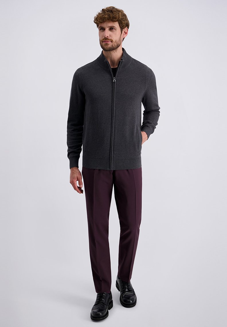 Dunkelgrauer Pullover mit Reißverschluss, Stehkragen und gerippten Bündchen, kombiniert mit weinroten Hosen und schwarzen Schuhen, vor einem schlichten Hintergrund stehend.