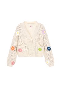 Cardigan in crema realizzato a maglia con maniche oversize, caratterizzato da colorate applicazioni floreali sulle maniche e sulle tasche. Chiusura frontale con cinque bottoni.