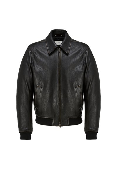 Chaqueta bomber de cuero negro con cremallera frontal, puños y dobladillo acanalados, dos bolsillos laterales en ángulo y cuello puntiagudo.