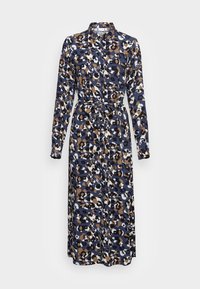 Abito camicia a maniche lunghe con bottoni, in stampa leopardata astratta blu, marrone, nera e bianca, e una cintura in tessuto legata in vita.