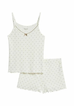 Weißes, geripptes Camisole- und Shorts-Set mit kleinen braunen Punkten und einer kleinen dekorativen Schleife am Halsausschnitt des Camisoles.