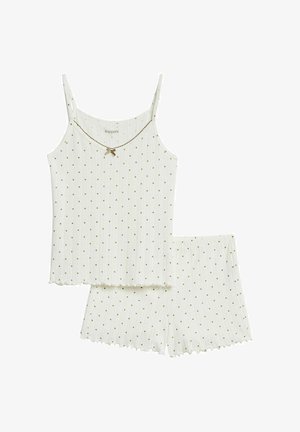 Weißes, geripptes Camisole- und Shorts-Set mit kleinen braunen Punkten und einer kleinen dekorativen Schleife am Halsausschnitt des Camisoles.