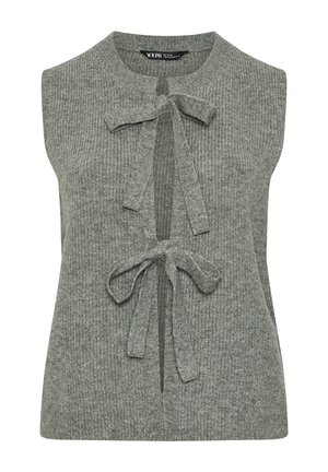 Chaleco gris sin mangas de punto con dos lazos frontales, cuello redondo y textura acanalada.