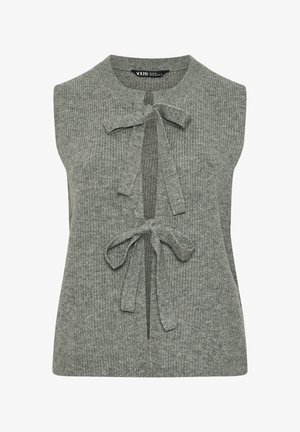 Chaleco gris sin mangas de punto con dos lazos frontales, cuello redondo y textura acanalada.