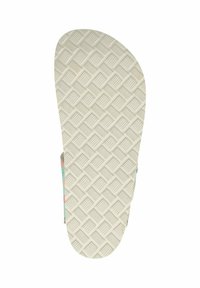 Flip-flop sole in light beige rubber with diagonal ridges and a diamond pattern, showing colorful accents on the side.