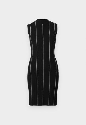 Black ribbed dress featuring vertical white stripes, sleeveless design, mock neck, and a fitted silhouette.