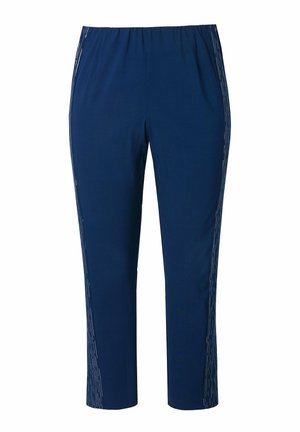 Marineblaue Hose mit elastischem Bund, verziert mit kontrastierenden dekorativen Linien an den Seiten, aus leichtem Stoff gefertigt.