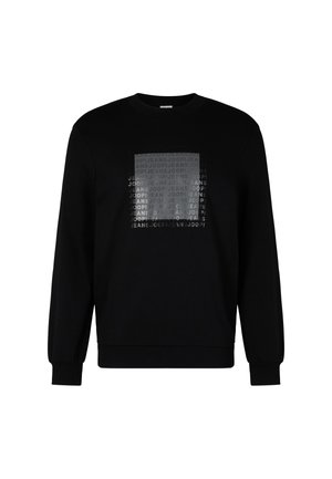 Schwarzes Sweatshirt mit rundem Halsausschnitt, Rippbündchen und einem Frontprint mit überlappendem Text in verschiedenen Grautönen.