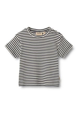 Children’s short-sleeve ribbed t-shirt with black and white horizontal stripes and snap buttons on the shoulder.