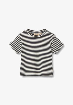 Tricou cu mâneci scurte pentru copii, cu dungi orizontale alb-negru și nasturi capse pe umăr.