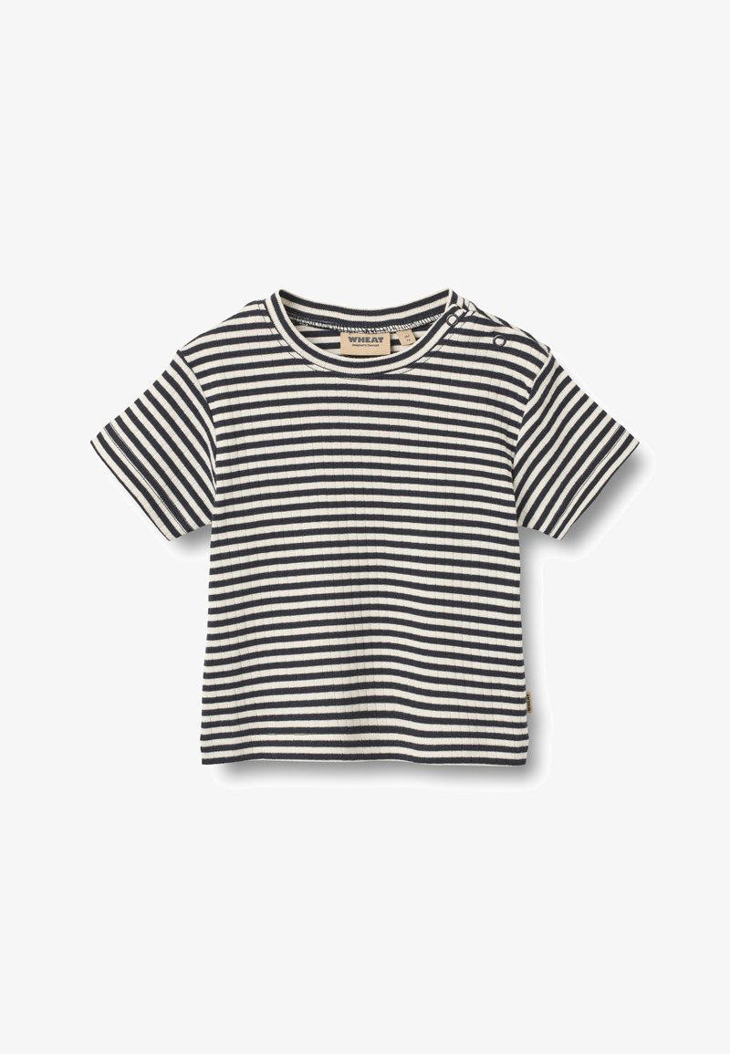 Kinder-T-Shirt mit kurzen Ärmeln aus Rippstrick, schwarz-weiß gestreift, mit Druckknöpfen an der Schulter.