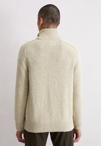 Sweter dzianinowy z wysokim kołnierzem w jasnym beżowym kolorze. Posiada teksturowany wzór i prążkowane wykończenie. Długie rękawy z raglanowymi ramionami.