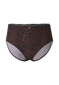 Bruine en zwarte zebra-print high-waisted slip. Gemaakt van doorschijnende stof met een gerimpelde elastische tailleband en solide zwarte afwerking.