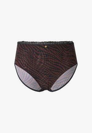 Pantaloni a vita alta in stampa zebra marrone e nera. Realizzati in tessuto trasparente con un elastico arricciato in vita e rifiniture in nero solido.