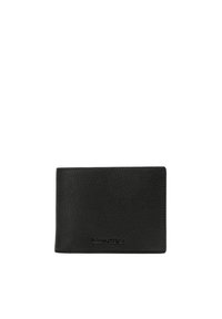 Schwarze Lederbörse mit strukturierter Oberfläche, bi-fold Design und geprägtem Logo auf der Vorderseite. Kompakte Größe für das Mitführen von Essentials.